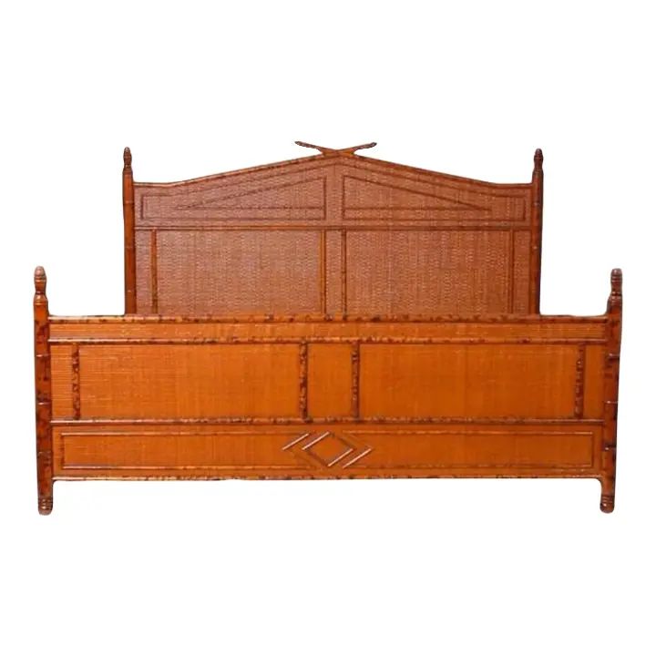 1980s British Colonial Style Faux Bamboo and Grasscloth King Bed | Chairish