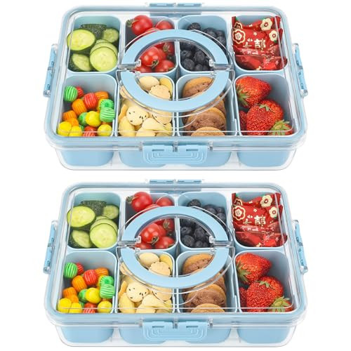 shopwithgreen 2Pcs Snackle Box Container, Divided Serving Tray with Lid and Handle, Snack Box Container Food Platter Charcuterie for Party, Veggies, Snack, Fruit, Nuts, Entertaining, Picnic,Blue | Amazon (US)