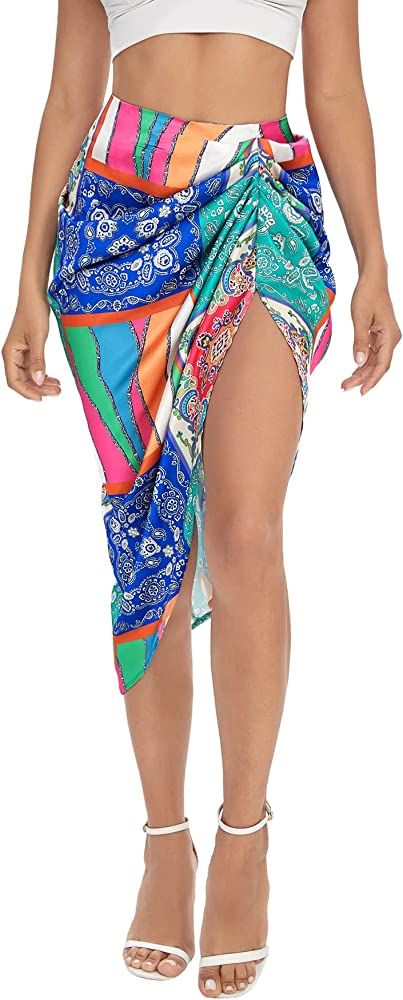 Floerns Women's Boho Floral Print Split Thigh Satin Ruched Midi Skirt | Amazon (US)