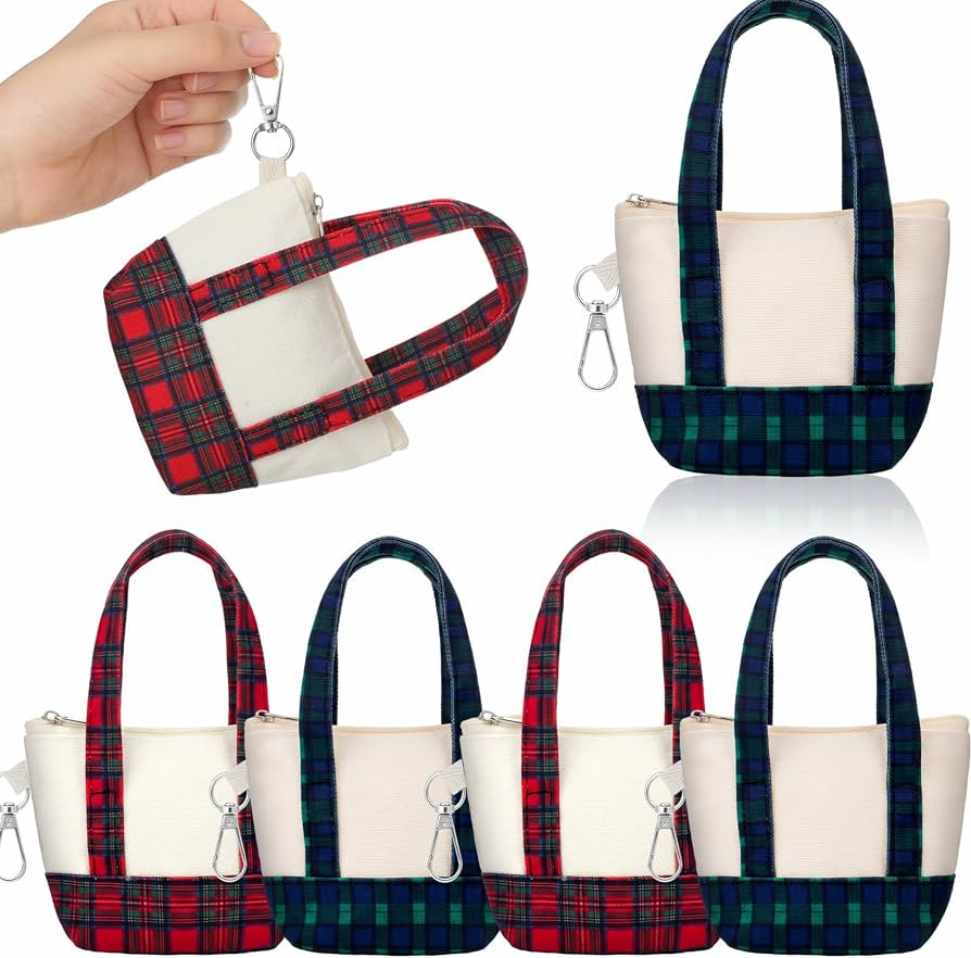SilTriangle 6pcs Mini Tote Bag Keychains with Zipper for Gift, Plaid | Amazon (US)