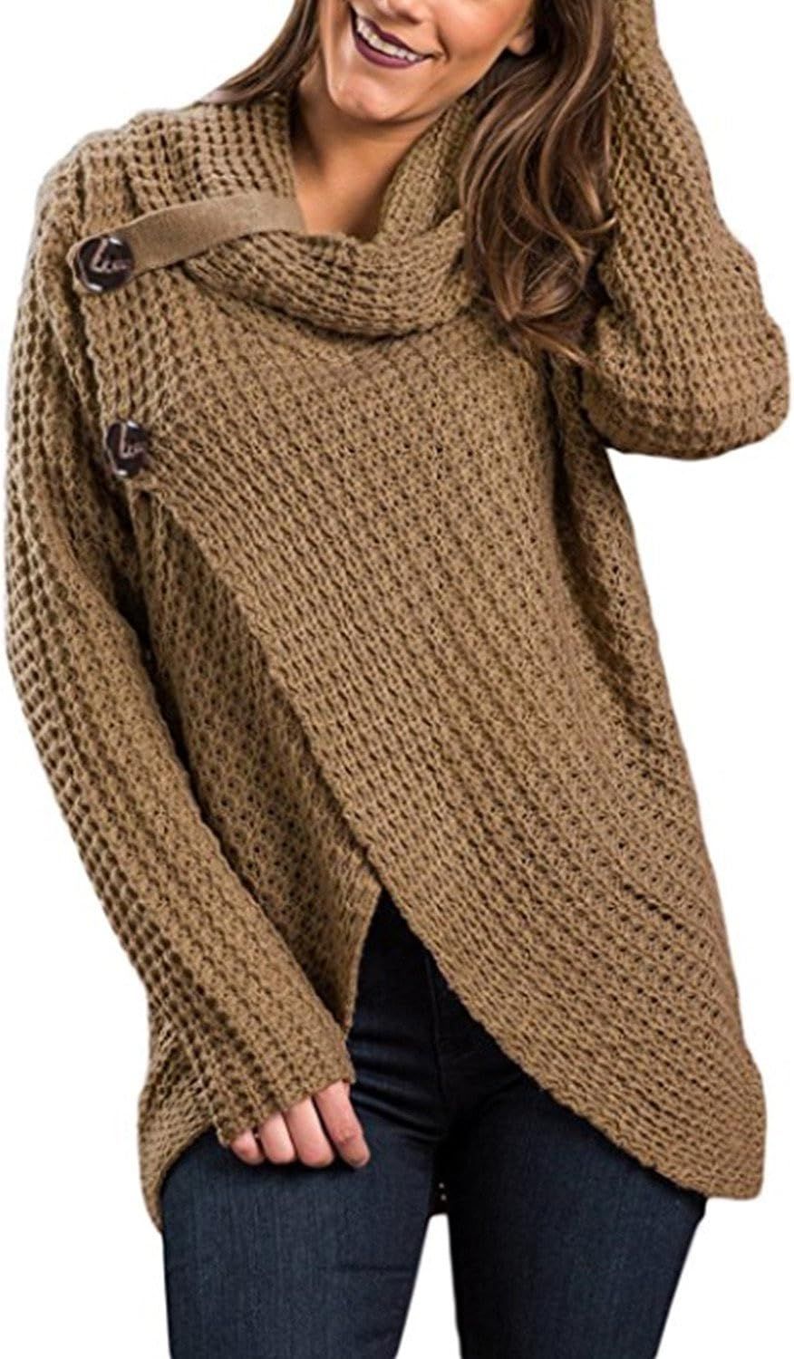 BIUBIU Women's Long Sleeve Cowl Neck Wrap Sweater Jumper Tops with Button | Amazon (CA)