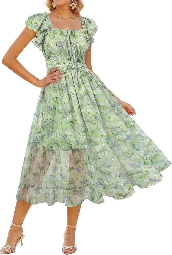 GRACE KARIN 2026 Women's Spring Floral Midi Dress Square Neck Beach Wedding Guest Dresses Flowy A... | Amazon (US)