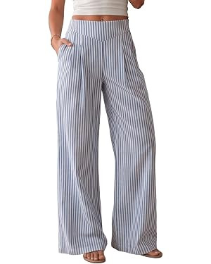 AKEWEI Women's Wide Leg Linen Pants Summer Casual Elastic Waist Long Lounge Travel Pants | Amazon (US)