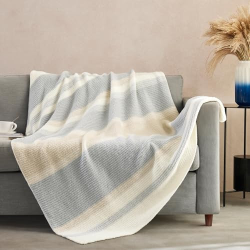 Cozzenity Throw Blanket, Soft Cozy Fluffy Striped Throw Blankets for Couch, Sofa, Bed, Chair, Warm Fuzzy Plush Lightweight Decorative Stripe Blanket, Grey Khaki, 50x60 inches | Amazon (US)