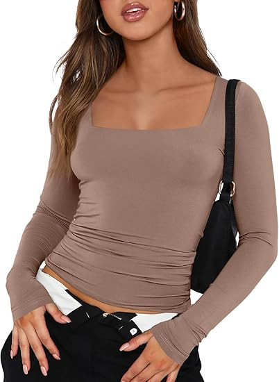Trendy Queen Womens Long Sleeve Shirts Going Out Basic Crop Tops Fashion Y2k Workout Clothes Squa... | Amazon (US)