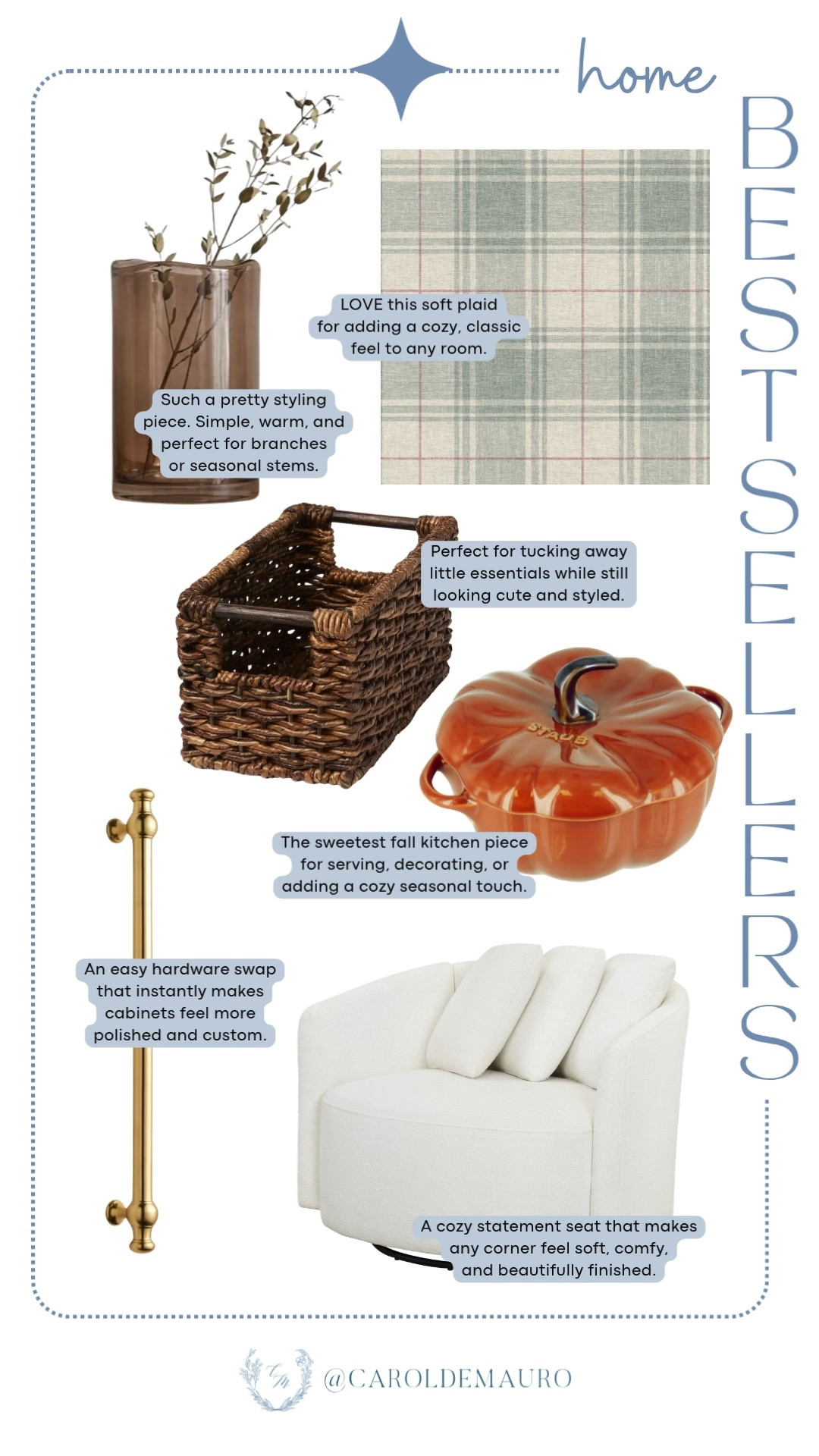 The cozy fall home pieces you keep coming back to, from the sweetest pumpkin cocotte to a swivel chair that makes any corner feel like a hug!

weekly bestsellers, home decor, follower favorites, plaid wallpaper, glass vase, woven wicker basket, brass hardware, staub, home accent, accent chair, drawer pull, home organization, home renovation, home refresh, fall decor, fall styling, cozy living room, kitchen essentials, cabinet hardware, affordable home finds, seasonal decor, home bestsellers

#LTKHome