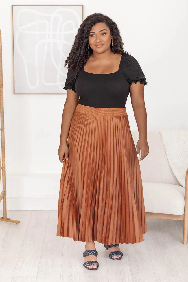 Long Way Round Copper Pleated Midi Skirt FINAL SALE | Pink Lily