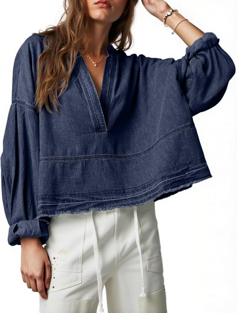PLNOTME Womens Denim Tops Pullover Trendy Casual V Neck Loose Fit Puff Sleeve Jean Cotton Shirts | Amazon (US)