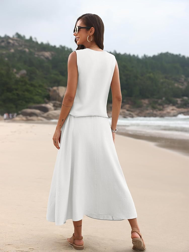 ELLEVEN 2 Piece Linen Sets for Women Summer Outfit,V-Neck Vest Top & Flowy Maxi Skirt | Amazon (US)