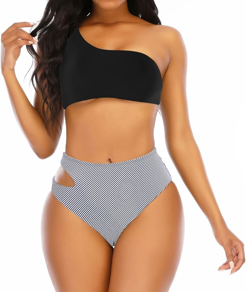 Jodimitty Women's One Shoulder Bikini Set High Waisted Swimsuit Sexy Two Piece Halter Push Up Bathin | Amazon (US)