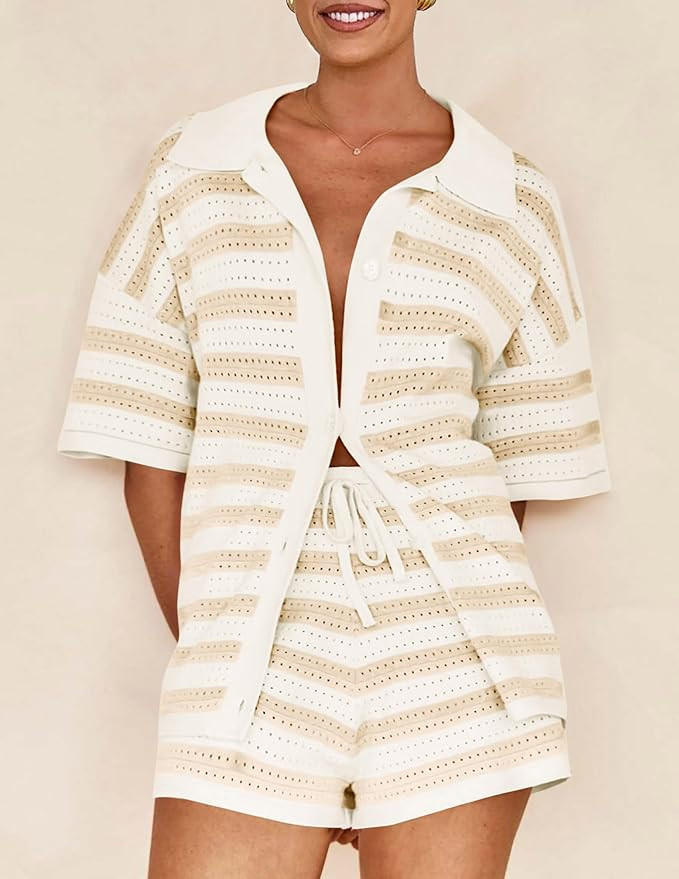 PRETTYGARDEN Women's 2 Piece Striped Shorts Sets Summer 2025 Short Sleeve Sweater Set Matching Ca... | Amazon (US)