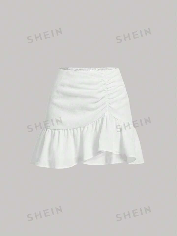 SHEIN MOD Ruched Ruffle Hem Solid Skirt | SHEIN