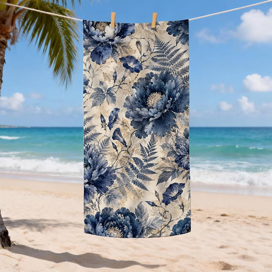 Navy Floral Microfiber Beach Towel Vintage Peony Print, Quick Dry Absorbent Soft Sand Free Lightw... | Amazon (US)