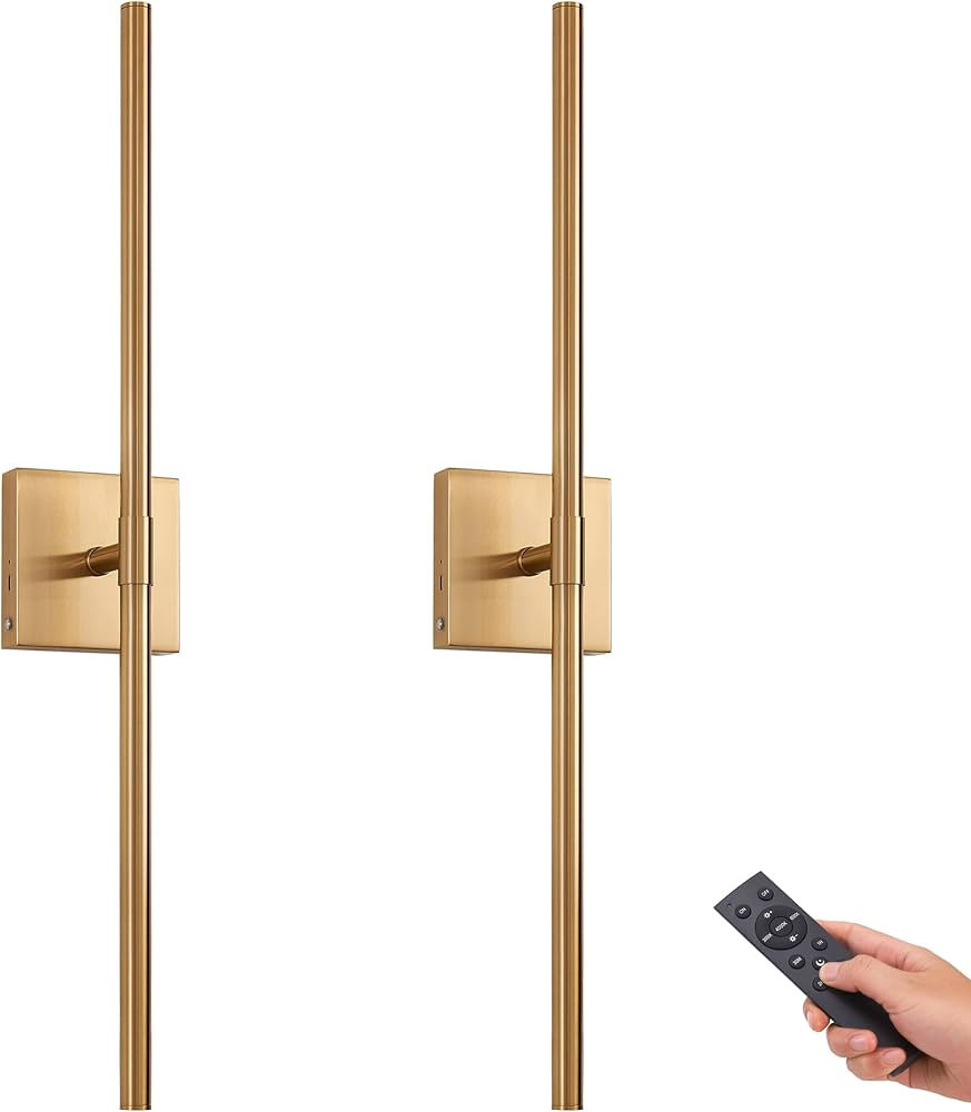 Battery Operated LED Wall Sconces Set of 2, 25" Wireless Rechargeable Gold Wall Lights with Remot... | Amazon (US)