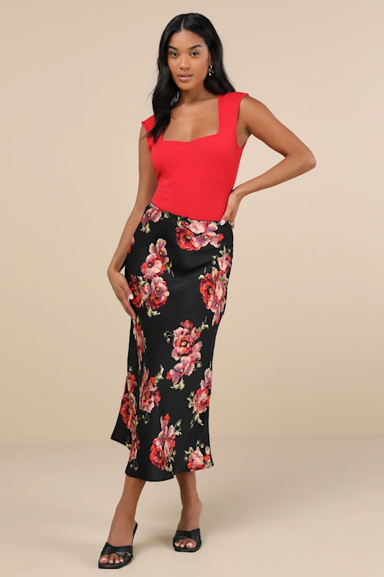 Sleek Proposition Black Floral Satin Bow Midi Skirt | Lulus