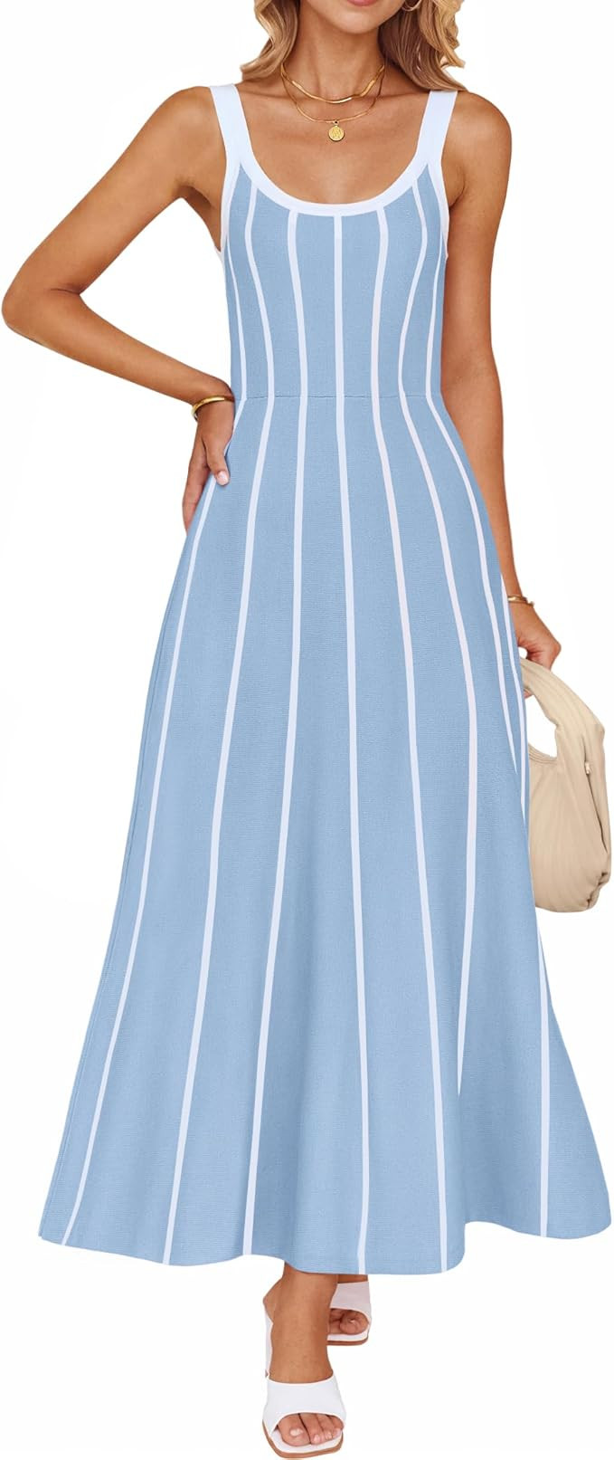 ZESICA Wome's Summer Sleeveless Striped Midi Dress 2025 Knit Casual Elegant A Line Swing Long Dre... | Amazon (US)