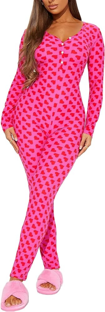 LILTWIST Holiday One Piece Pajamas for Women Sexy Pink Heart Striped Onesie Pajamas Cute Love Pri... | Amazon (US)