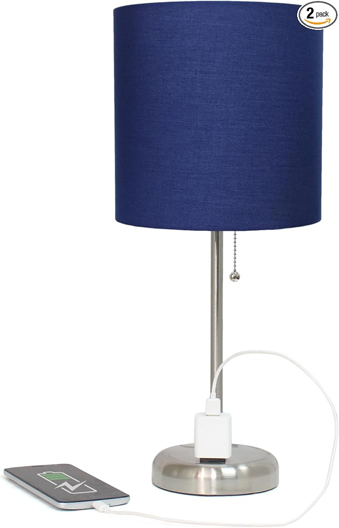 Simple Designs LT2024-NAV-2PK Two Pack Brushed Steel Stick Table Desk Lamp Set with Charging Outl... | Amazon (US)