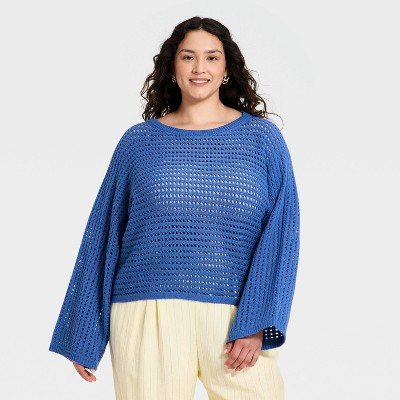 Women's Oversized Stitch Crewneck Pullover Sweater - A New Day™ Blue 4X | Target