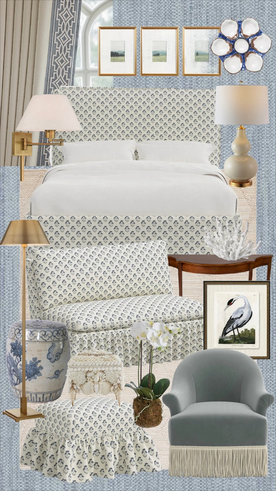 Wayfair finds for your bedroom! Blue & white done the grandmillennial way 🤍🩵

If you’ve been looking to create that layered, timeless bedroom feel without it feeling stuffy—this is your formula. Think: soft prints on prints, tailored upholstery, warm brass, and just enough texture to make it feel collected (not decorated).

Everything here is from Wayfair and gives that custom designer look without the custom price tag 👏🏼

Save this for your next bedroom refresh—this palette will never go out of style.

⸻

PRODUCT LIST:

• Blue & white upholstered bed with patterned headboard
• Matching blue floral upholstered accent chair
• Blue skirted ottoman / bench
• Soft blue fringe accent chair
• Brass floor lamp (sleek modern base)
• Brass wall sconce with white shade
• Ceramic table lamp (ivory with gold base)
• Blue ceramic garden stool
• Wood side table with curved front
• White coral decor object
• Blue & white floral wallpaper
• Greek key trim drapery panels
• Neutral textured area rug
• Botanical landscape wall art (gold frames)
• Bird illustration artwork (vintage style)
• Orchid plant in moss pot
• Decorative shell box

⸻

HASHTAGS:

#LTKhome #LTKfinds #WayfairFinds #GrandmillennialStyle #TraditionalHome #ClassicInteriors #BlueAndWhiteDecor #BedroomInspo #TimelessDesign #SouthernStyleHome #CollectedHome #ChicHomeDecor #PreppyHome #ElegantLiving #InteriorStyle #HomeDecorInspo #CoastalGrandmillennial #HeirloomStyle #BedroomRefresh #WayfairHome @Wayfair 

#LTKHome