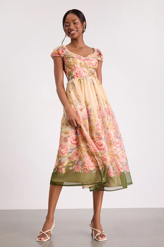 Celosia Peach Multi Floral Cap Sleeve Midi Dress | Lulus