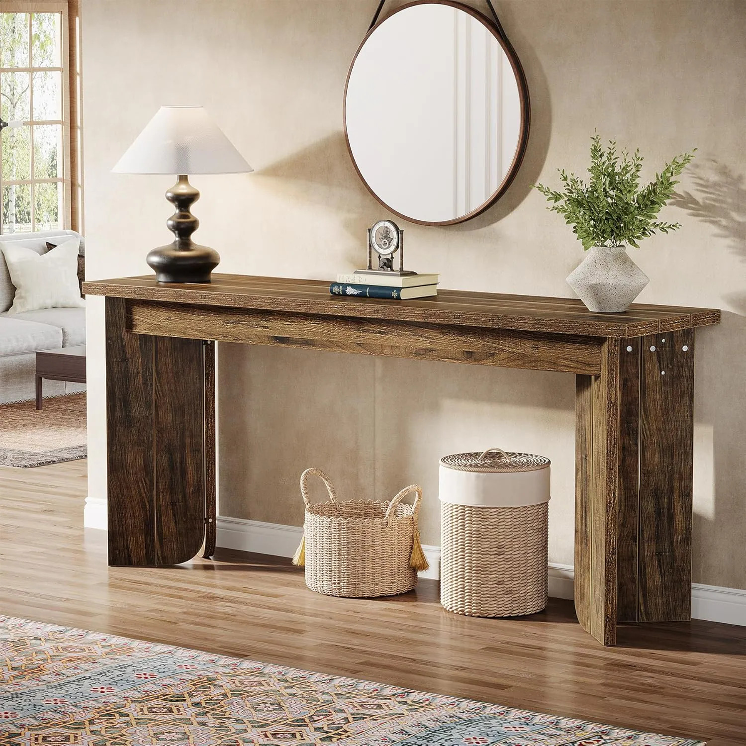 Tribesigns 70.9 inches Extra Long Console Table Farmhouse Sofa Console Table with Widened Tabletop Entryway Accent Tables with Sturdy Double Pedestal | Lowe's