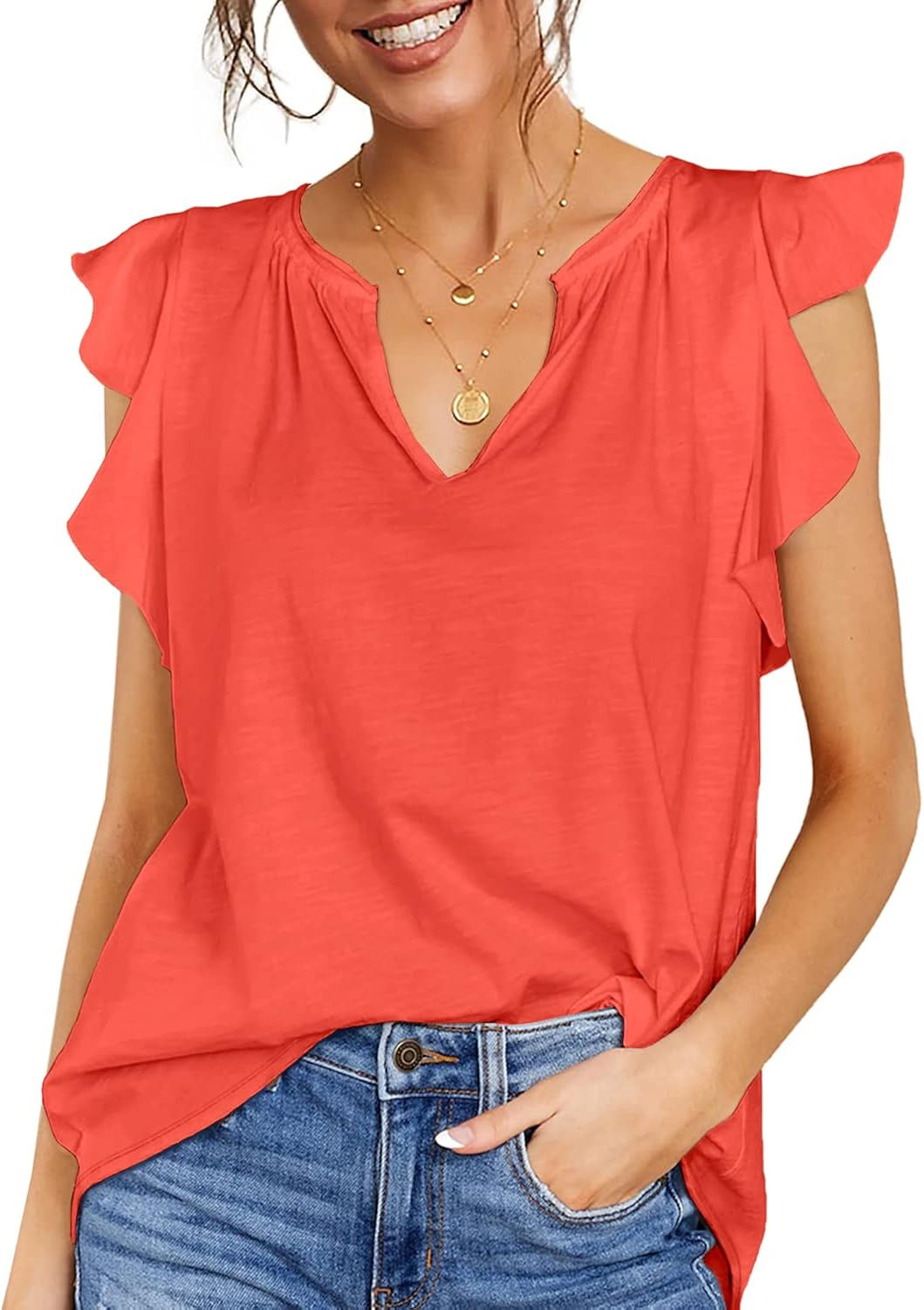 Kikula Womens Cap Sleeve Tops Casual Loose Sleeveless Ruffled V Neck T Shirts Blouse Tank Tops | Amazon (US)