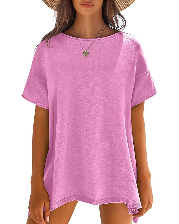 Caracilia Women Summer Lightweight Sweater Top Oversized Short Sleeve Drop Shoulder Seams Outside... | Amazon (US)