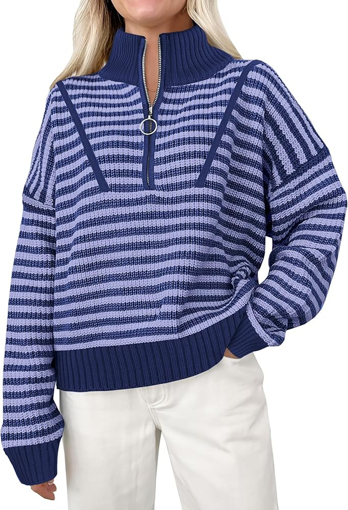 ANRABESS Womens Striped Sweaters Long Sleeve Casual Half Zip Knit Pullover Tops 2024 Fall Comfy L... | Amazon (US)