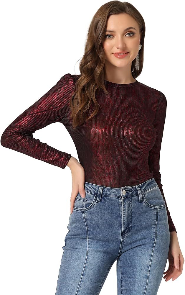 Allegra K Women's Christmas Long Sleeve Sparkly Party Glitter Shiny Metallic Tops Shirt | Amazon (US)