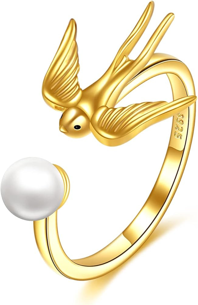 WTENIY Flying Swallow Bird Rings Sterling Silver Pearl Adjustable Rings Gold Plated Open Ring for... | Amazon (US)
