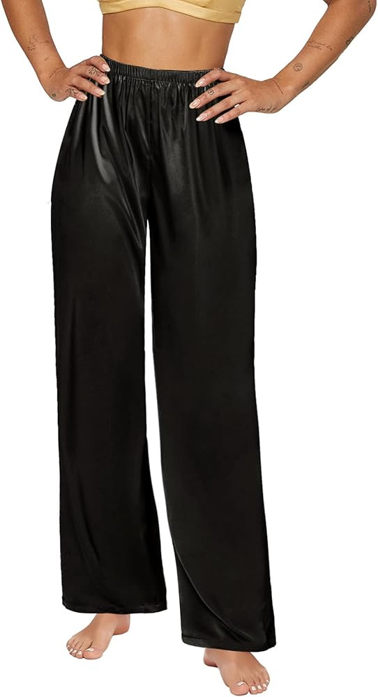 SWOMOG Women's Silk Satin Pajama Pants Longs Silky Sleep Pants Loungewear Trousers Elastic Waist ... | Amazon (US)