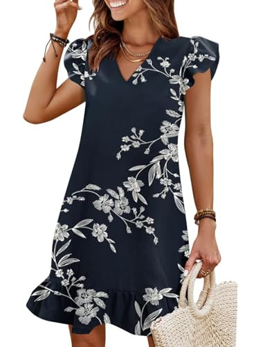 QACOHU Spring Summer Dresses for Women 2026 V Neck Cap Sleeve Ruffle Hem Smock Short Casual Beach... | Amazon (US)