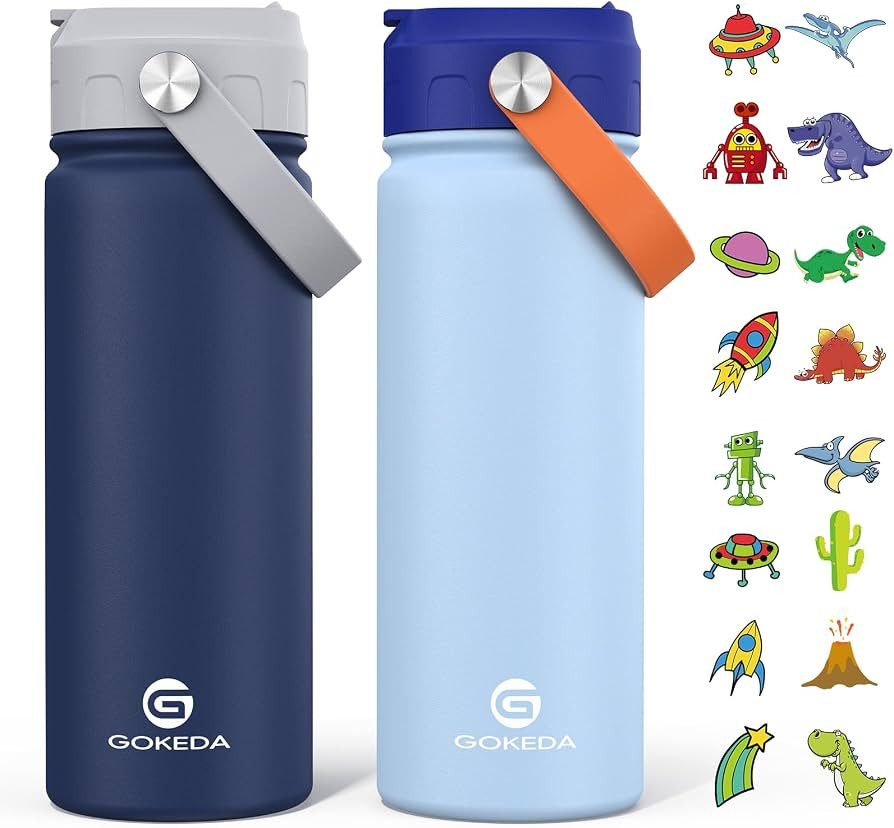 GoKEDA 18oz Kids Water Bottle, 2 Pack Insulated Bottles with Stickers, 18/8 Stainless Steel Vacuu... | Amazon (US)