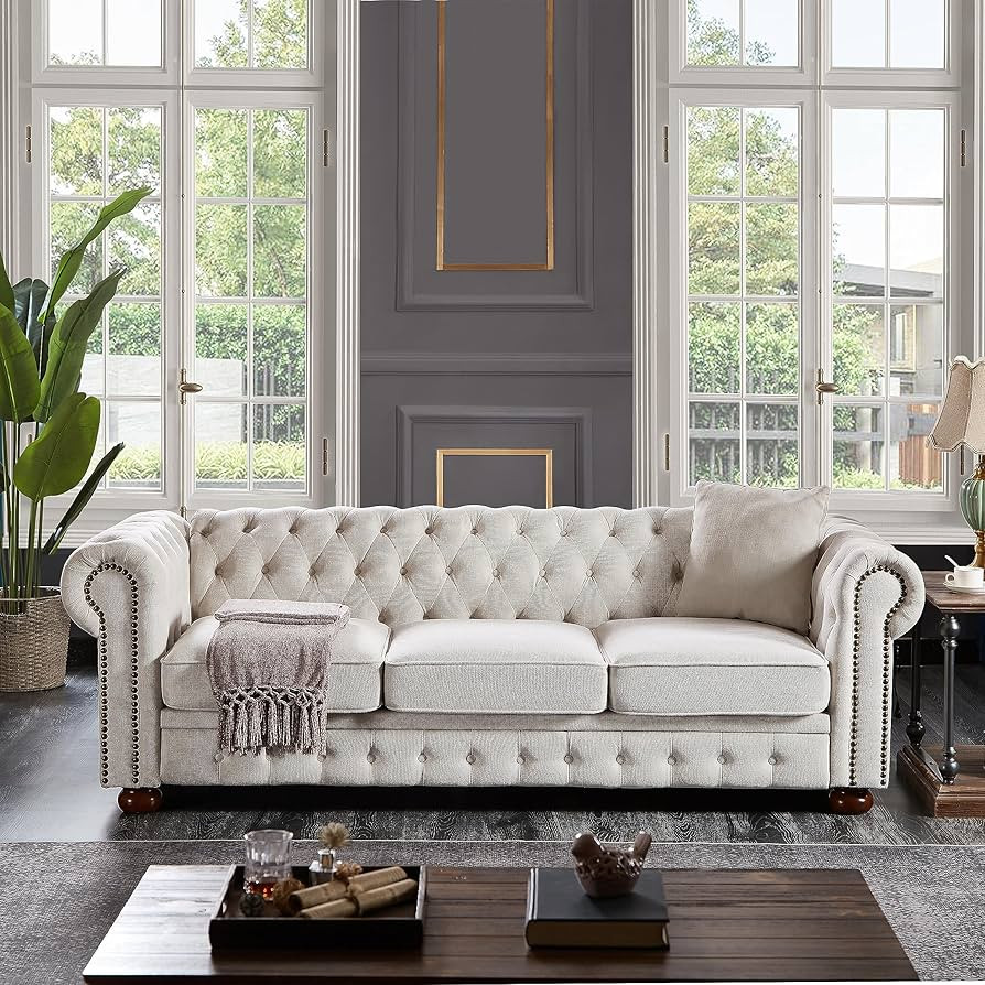 Chesterfield Sofa Linen Fabric 3 Seater Comfy Couches for Living Room Cozy Gothic Couch Modern Vi... | Amazon (US)