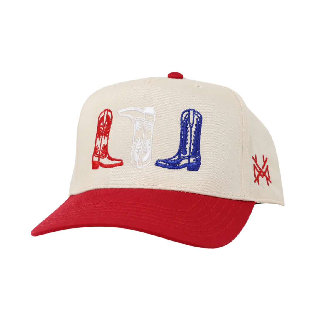 MHC Boots Trucker Hat Red/Natural Otto (With Royal Blue Thread) | The Mad Hatter Company