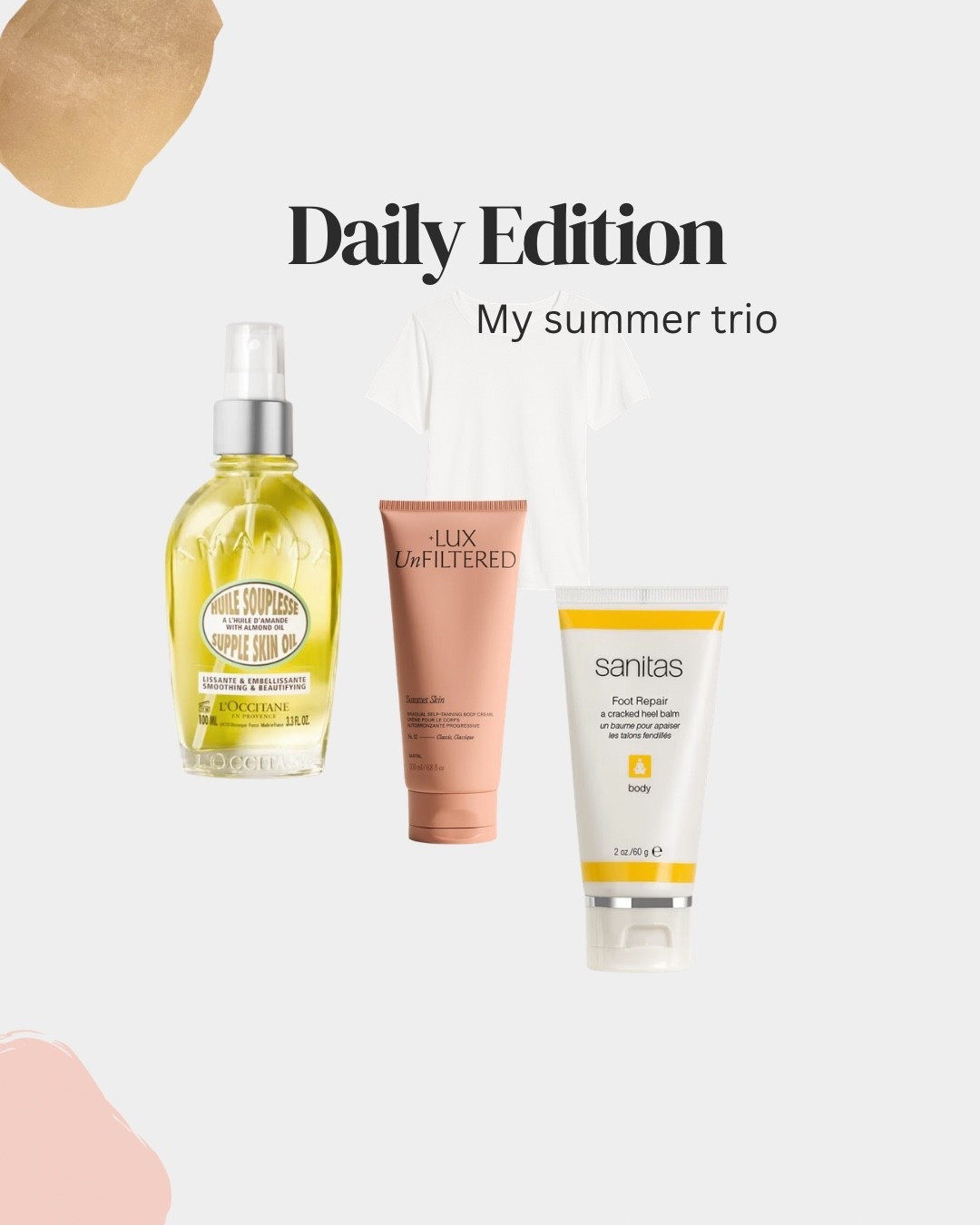 Tanning lotion
Body oil
Callus remover

#LTKBeauty #LTKOver40 #LTKSeasonal