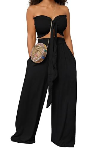 Ekaliy Womens Summer Outfits 2 Piece Sets Casual Vacation Tie Front Bandeau Crop Tube Top and Wide Leg Pants Set With Pockets | Amazon (US)
