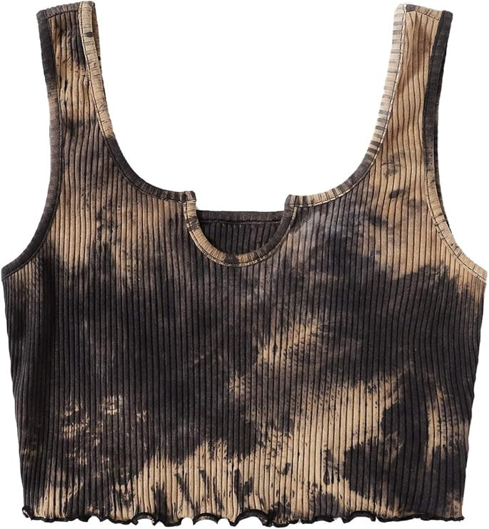 SheIn Women's Tie Dye Crop Top Sleeveless V Neck Frill Trim Ribbed Knit Tank Top | Amazon (US)
