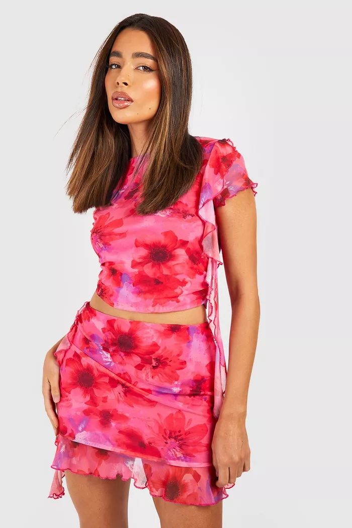 Floral Mesh Ruffle Detail Top & Mini Skirt | boohoo (US & Canada)