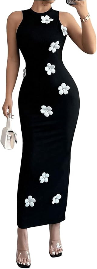 GORGLITTER Women's Long Maxi Dresses 3D Floral Crewneck Sleeveless Knit Bodycon Wedding Guest Sun... | Amazon (US)