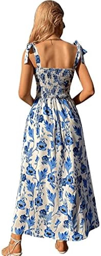 Floerns Women's Floral Print Tie Strap Square Neck Ruffle Boho Maxi Dress | Amazon (US)