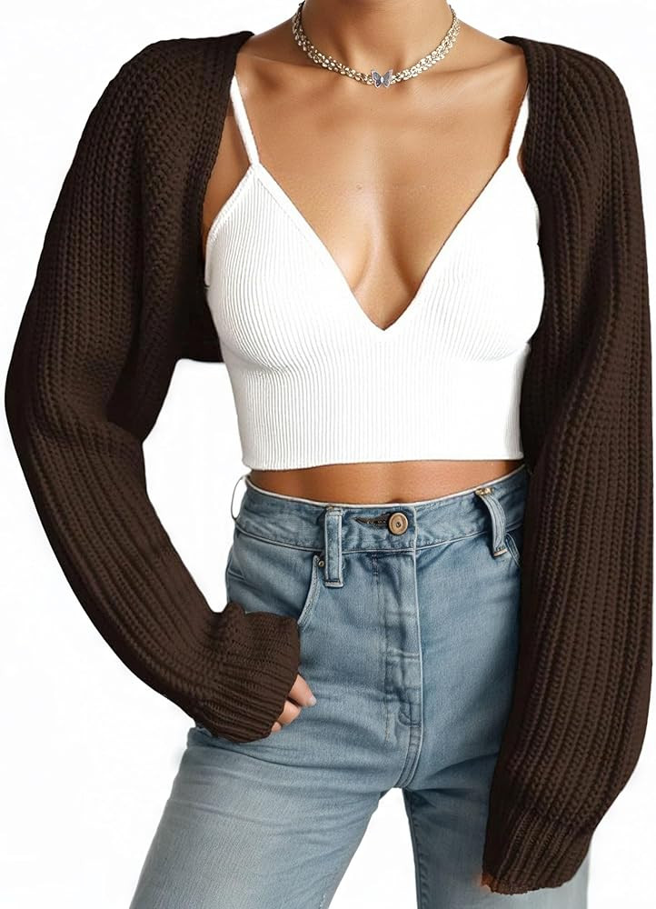 Women Open Front Ribbed Knit Crop Bolero Drop Shoulder Long Sleeve Solid Loose Fit Knitted Crop C... | Amazon (US)