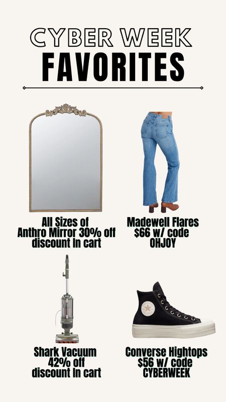 Cyber week and Black Friday favorites— they make great gifts for your lover or yourself this holiday season! The Anthropologie Gleaming Primrose mirror is 30% off for all sizes, Shark Vacuum Lift-Away is 42% off, Madewell denim is 40% off, and converse are 30% off the sale items 

#LTKGiftGuide #LTKCyberweek #LTKsalealert
