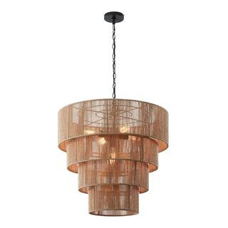 KAWOTI 5-Light Beige Oversize 4-Tiered Pendant Light with Rattan Shade 21278 - The Home Depot | The Home Depot