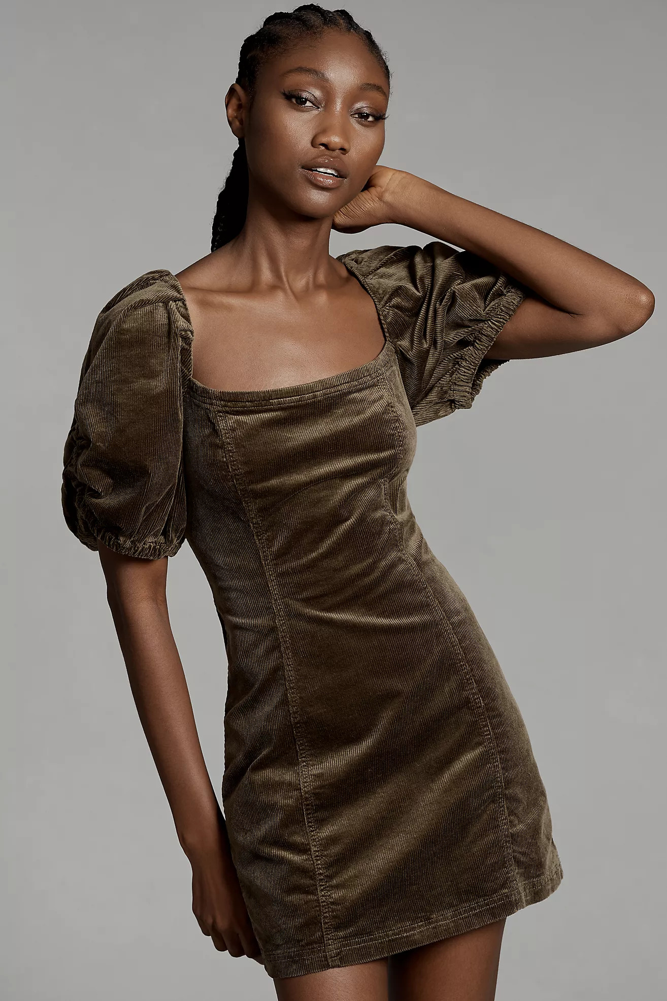 Pilcro Puff-Sleeve Square-Neck Corduroy Mini Dress | Anthropologie (US)
