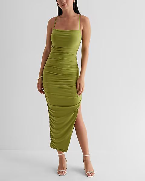Body Contour Mesh Ruched Side Slit Midi Dress With Bra Cups | Express