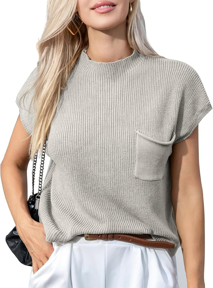Women's Sweater Vest Trendy Sleeveless Knit Pullover Tops Cap Sleeve Loose Fit Casual Knitted Tan... | Amazon (US)
