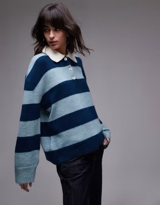 Topshop knitted polo top in navy blue | ASOS (Global)