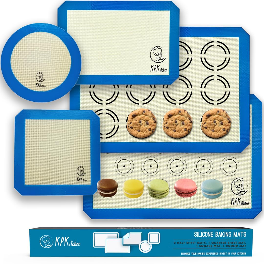 Silicone Baking Mat Set of 5-2 Half Sheets (Macaron & Cookie Circle On Mat) + 1 Quarter + 1 Round... | Amazon (US)